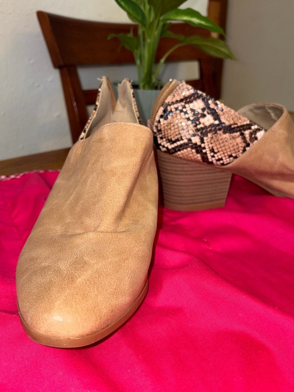 Women's Tan Faux Leather Mules with Snake-Print Heel Accent